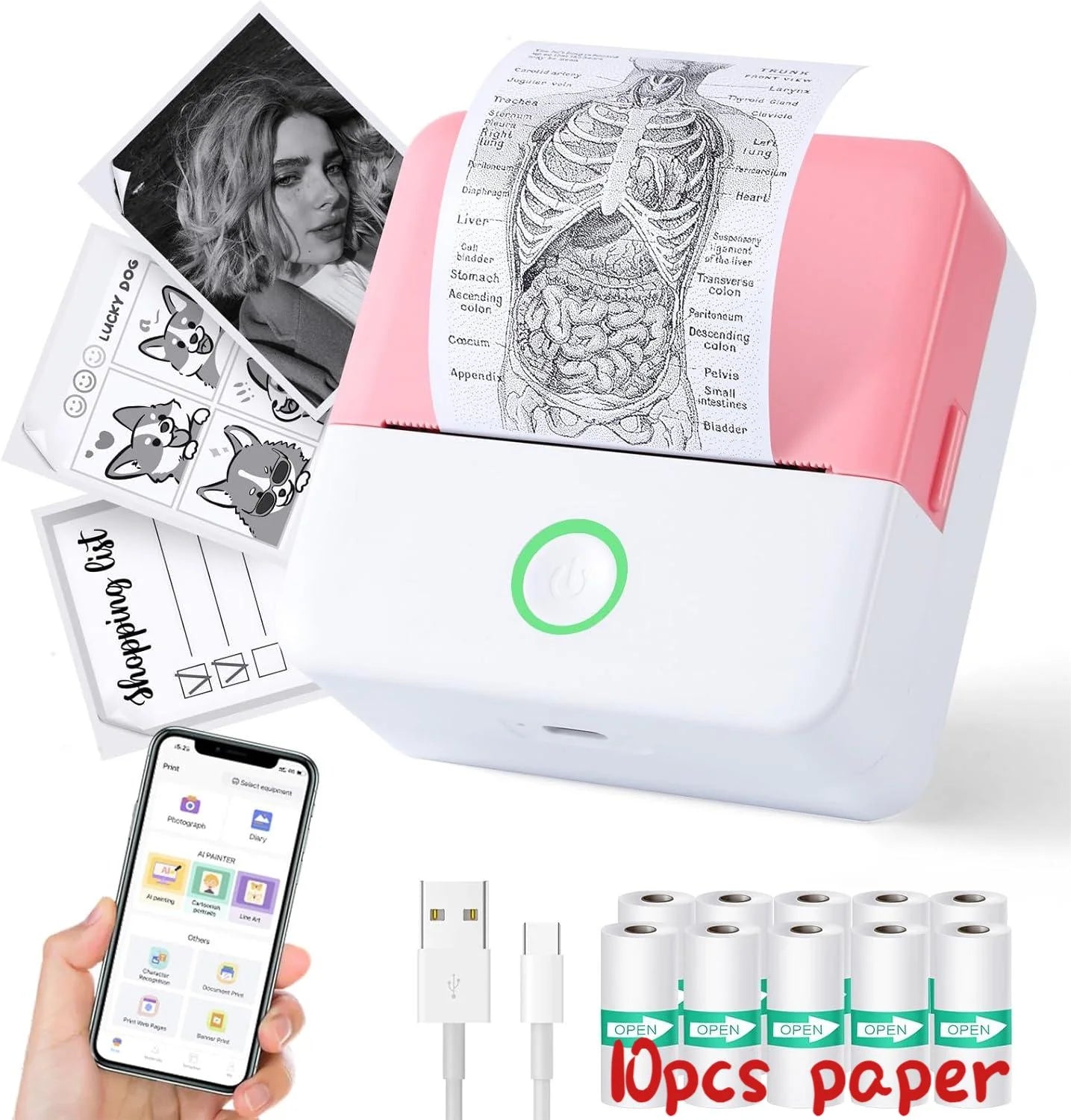 QuickPrint Pro - Thermal Mini Printer, Portable Inkless Bluetooth Sticker Maker with 10 Rolls Paper