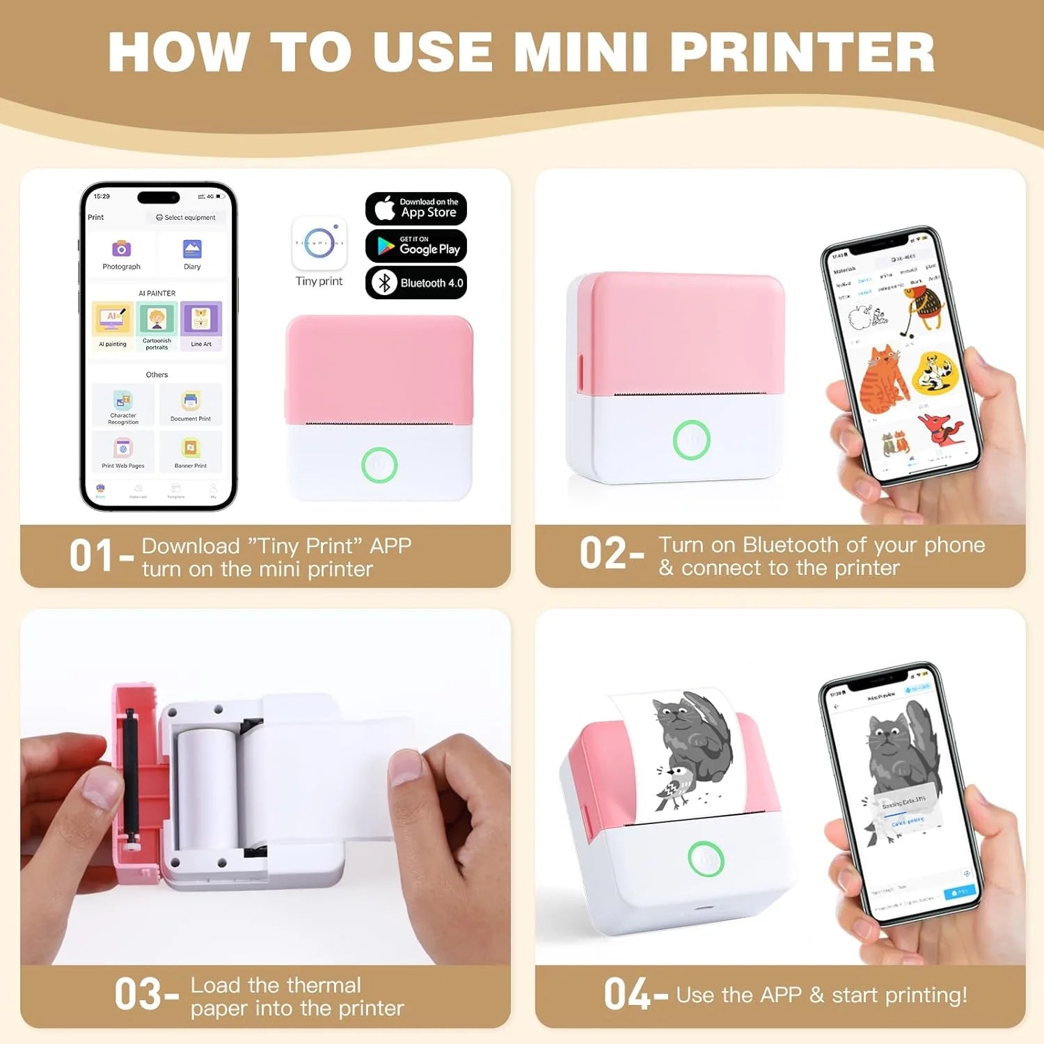 QuickPrint Pro - Thermal Mini Printer, Portable Inkless Bluetooth Sticker Maker with 10 Rolls Paper