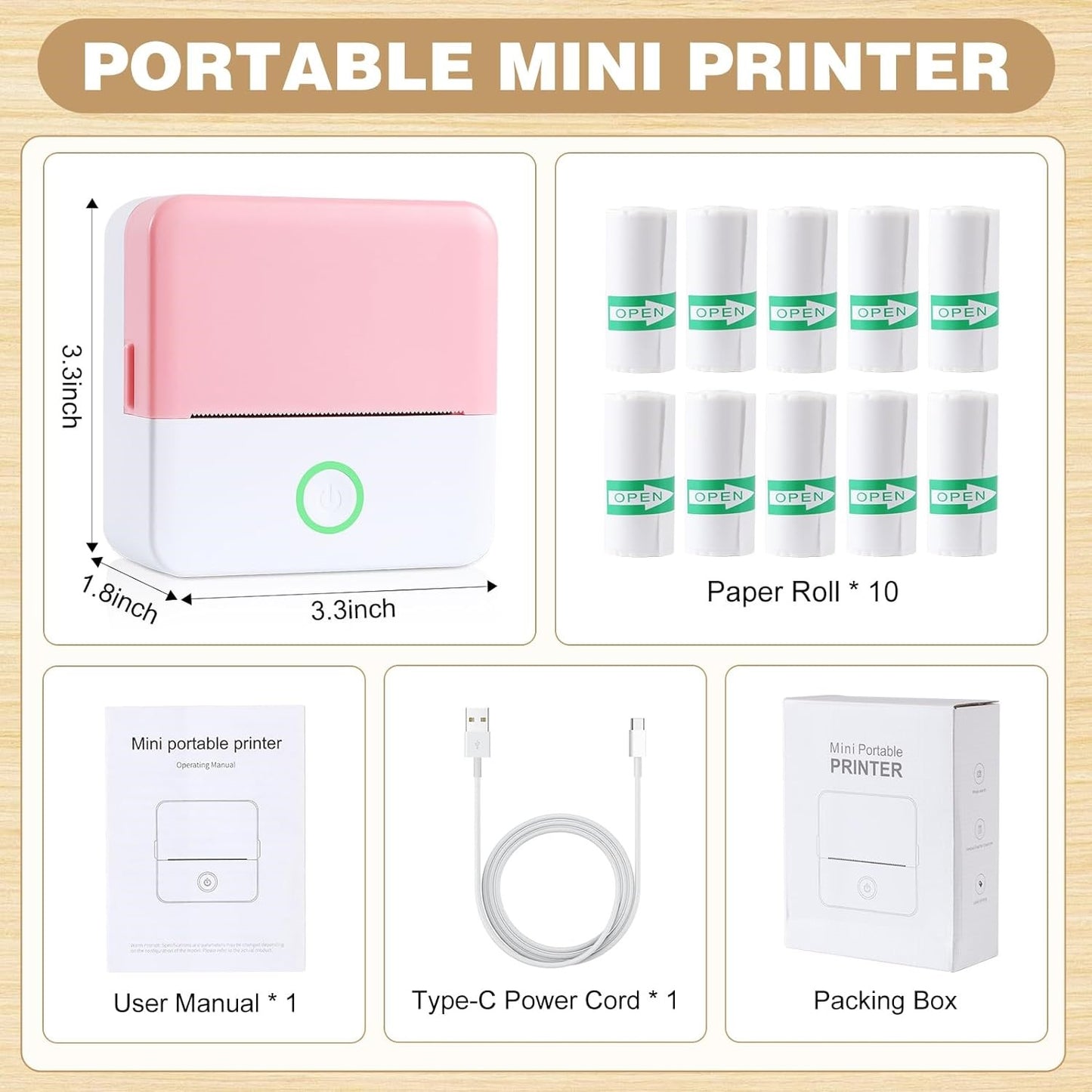 QuickPrint Pro - Thermal Mini Printer, Portable Inkless Bluetooth Sticker Maker with 10 Rolls Paper